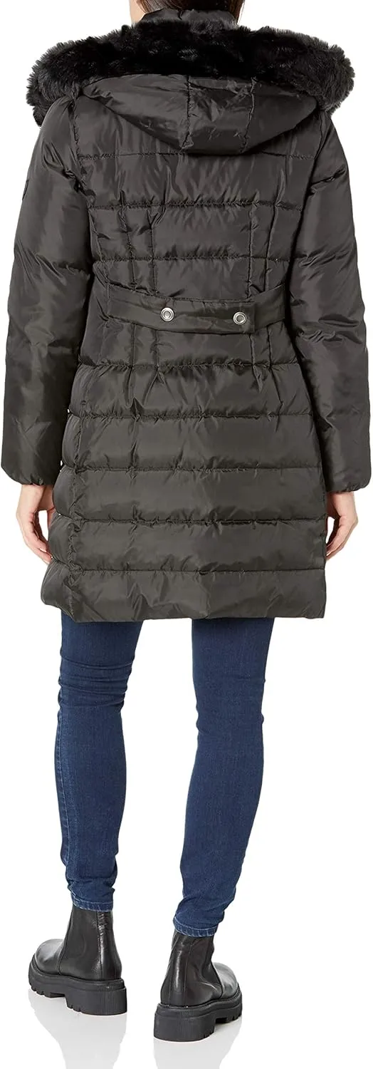 Larry Levine Women's Down-Filled Coat with Faux Fur-Trimmed Hood