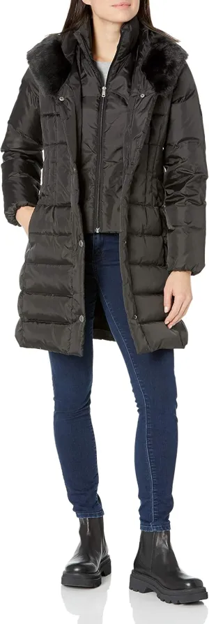 Larry Levine Women's Down-Filled Coat with Faux Fur-Trimmed Hood