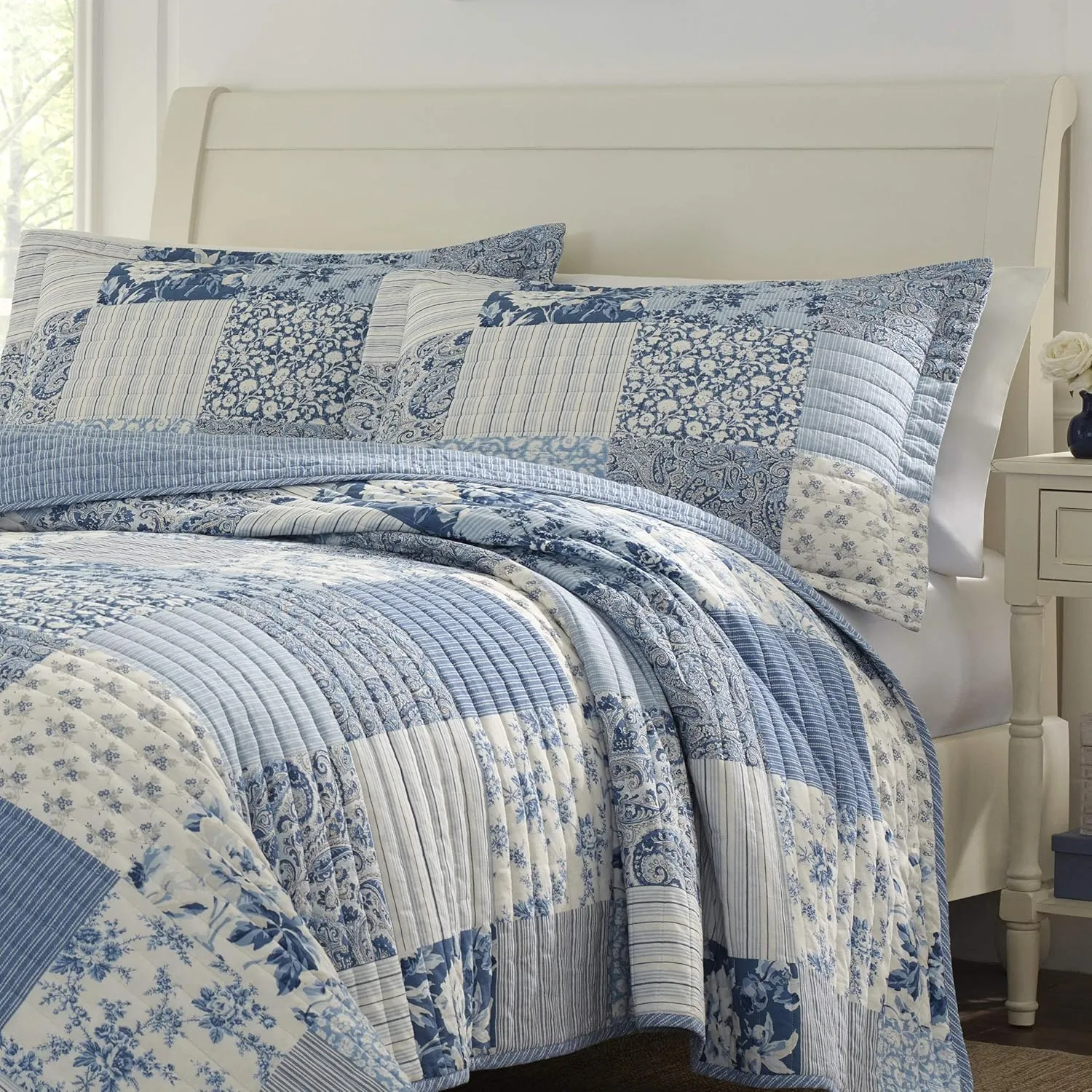 Laura Ashley - Twin Quilt Set, Reversible Cotton Bedding with Matching Sham, Farmhouse Inspired Home Decor (Paisley Printed Patchwork Blue, Twin)