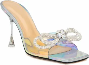 LauraVicci Women's Heeled Bow Mules Clear Sandals Square Open Toe Rhinestone Embellished Crystal Bowknot Transparent PVC Crystal Stiletto Slip On Evening Dress Party Wedding Shoes