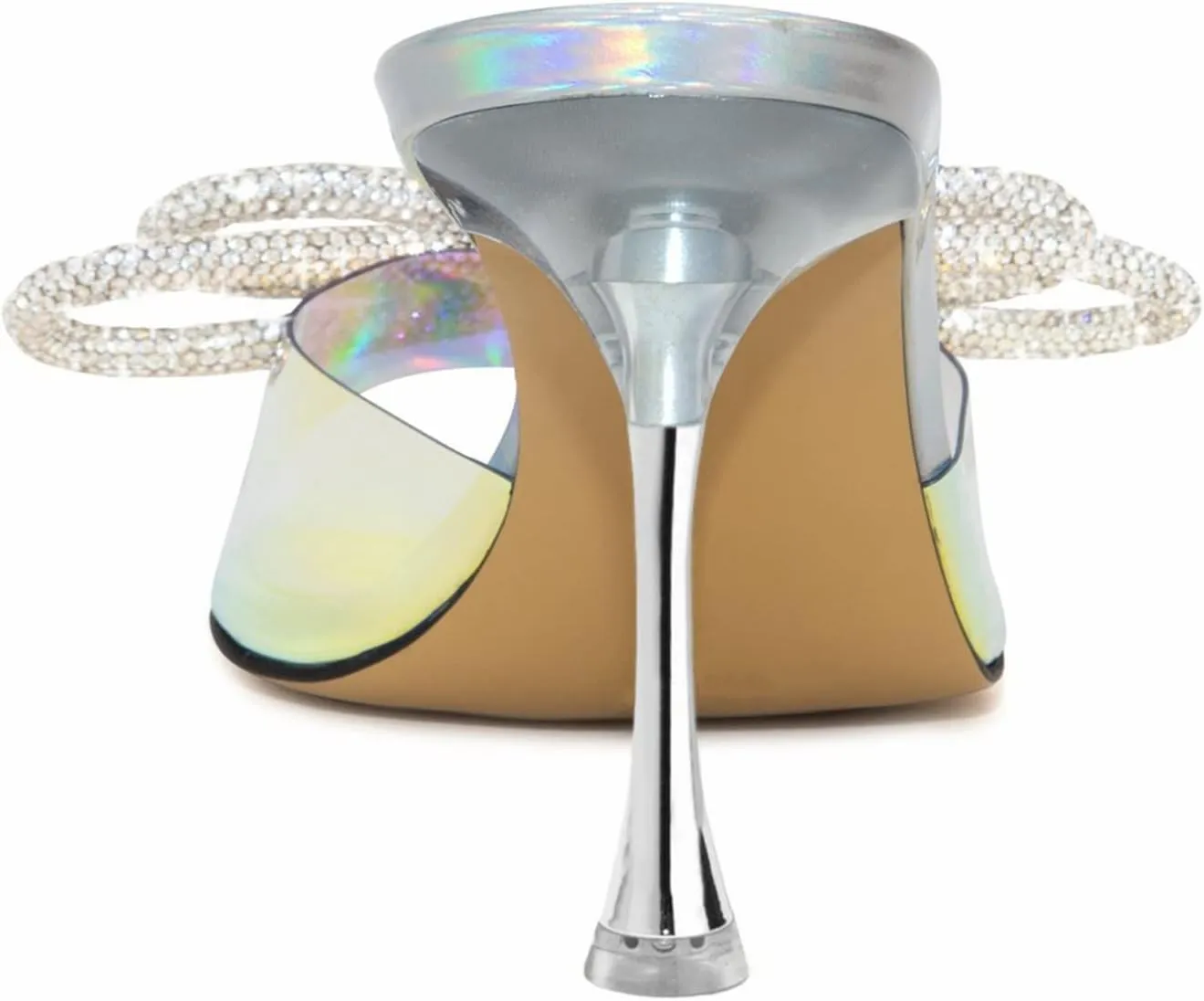 LauraVicci Women's Heeled Bow Mules Clear Sandals Square Open Toe Rhinestone Embellished Crystal Bowknot Transparent PVC Crystal Stiletto Slip On Evening Dress Party Wedding Shoes