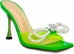 LauraVicci Women's Heeled Bow Mules Clear Sandals Square Open Toe Rhinestone Embellished Crystal Bowknot Transparent PVC Crystal Stiletto Slip On Evening Dress Party Wedding Shoes