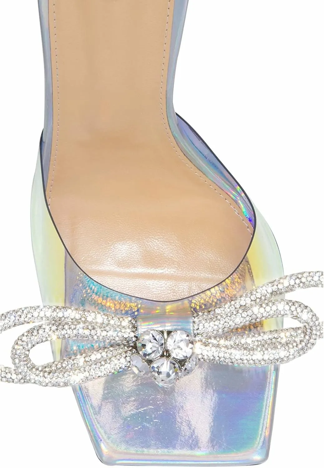 LauraVicci Women's Heeled Bow Mules Clear Sandals Square Open Toe Rhinestone Embellished Crystal Bowknot Transparent PVC Crystal Stiletto Slip On Evening Dress Party Wedding Shoes