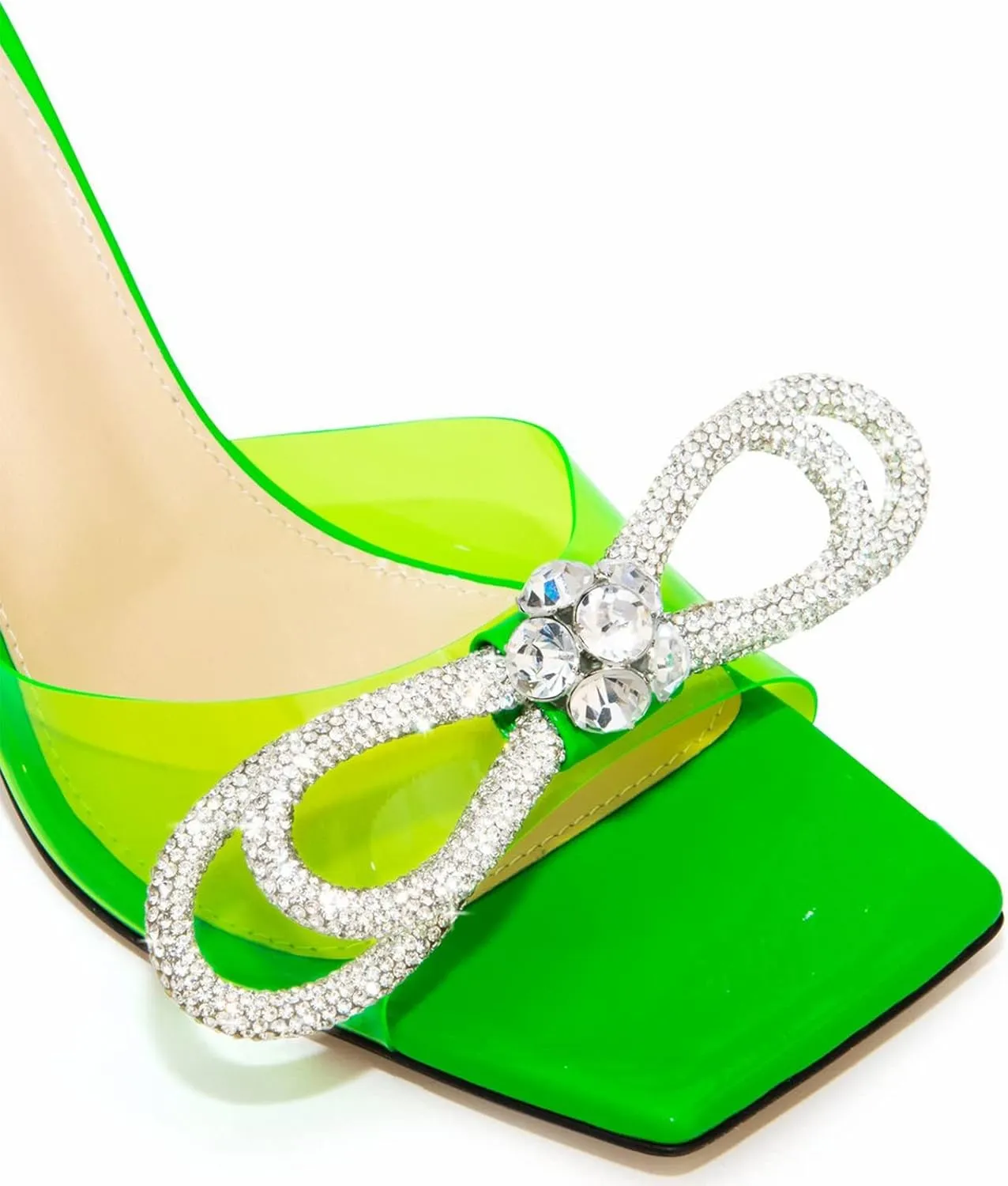LauraVicci Women's Heeled Bow Mules Clear Sandals Square Open Toe Rhinestone Embellished Crystal Bowknot Transparent PVC Crystal Stiletto Slip On Evening Dress Party Wedding Shoes