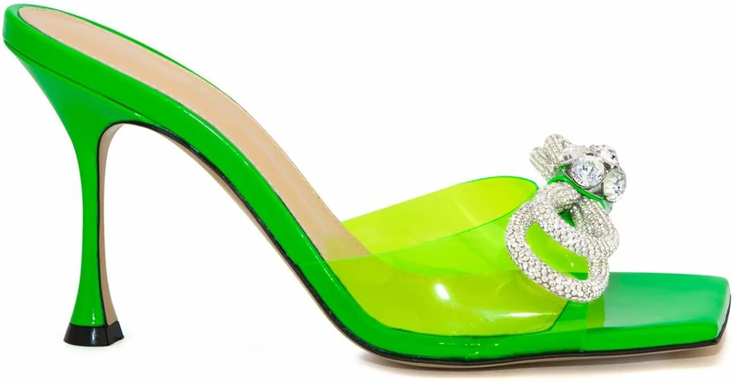 LauraVicci Women's Heeled Bow Mules Clear Sandals Square Open Toe Rhinestone Embellished Crystal Bowknot Transparent PVC Crystal Stiletto Slip On Evening Dress Party Wedding Shoes