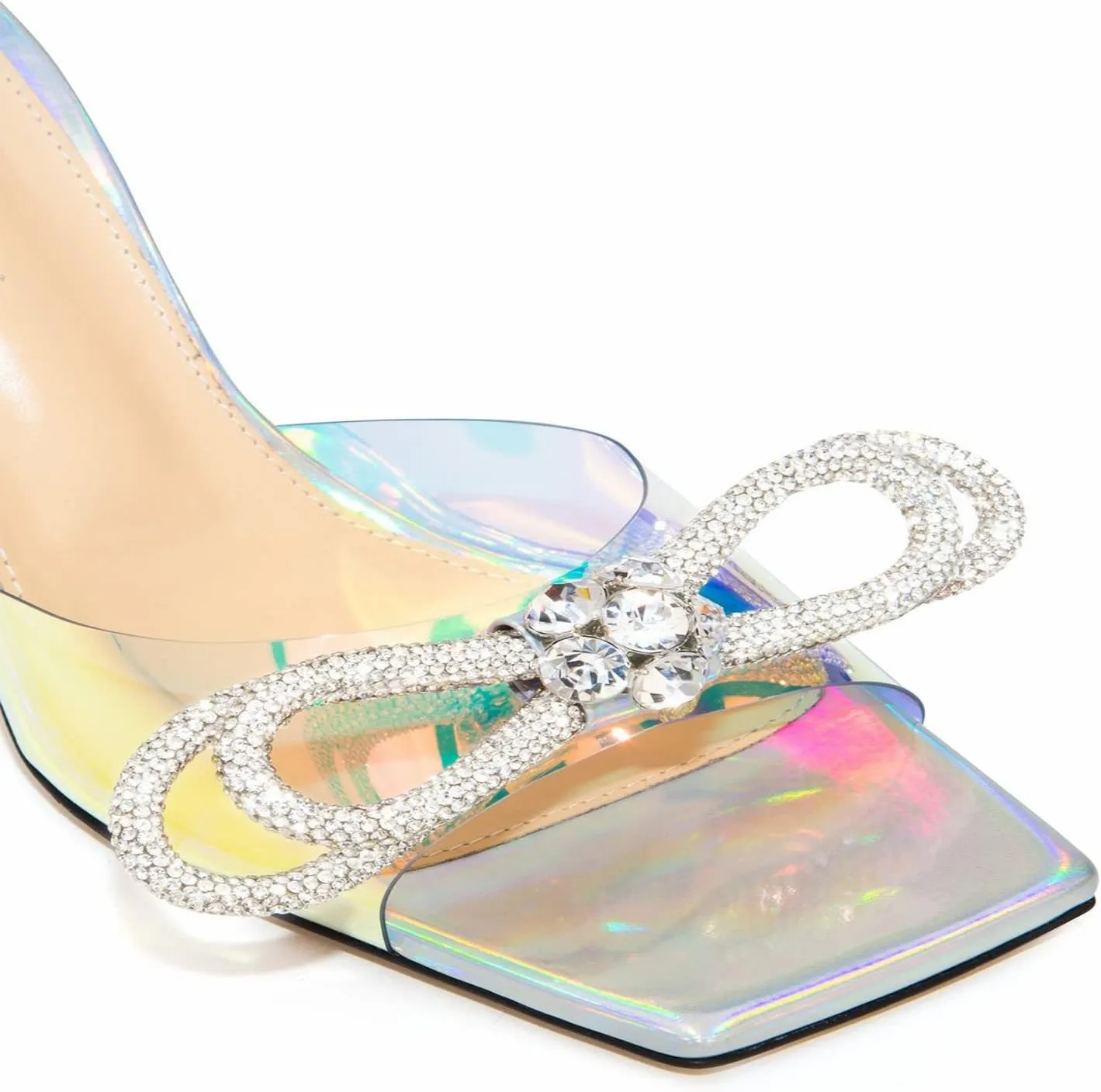 LauraVicci Women's Heeled Bow Mules Clear Sandals Square Open Toe Rhinestone Embellished Crystal Bowknot Transparent PVC Crystal Stiletto Slip On Evening Dress Party Wedding Shoes