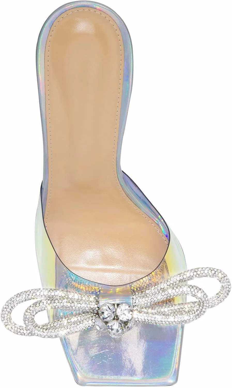 LauraVicci Women's Heeled Bow Mules Clear Sandals Square Open Toe Rhinestone Embellished Crystal Bowknot Transparent PVC Crystal Stiletto Slip On Evening Dress Party Wedding Shoes