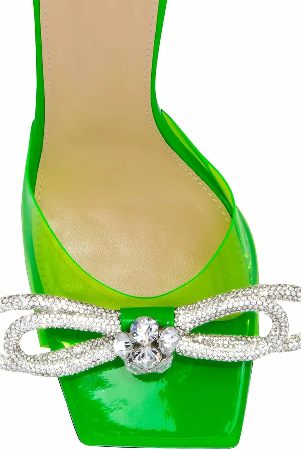 LauraVicci Women's Heeled Bow Mules Clear Sandals Square Open Toe Rhinestone Embellished Crystal Bowknot Transparent PVC Crystal Stiletto Slip On Evening Dress Party Wedding Shoes