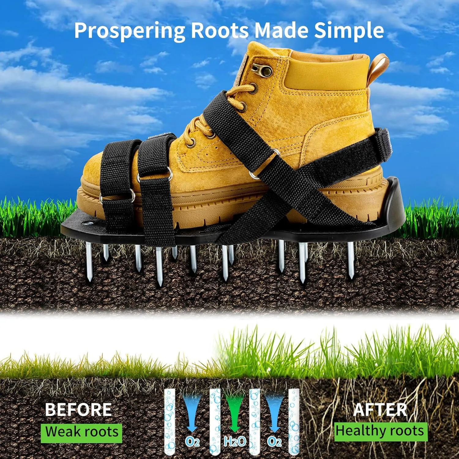 Lawn Aerator Shoes Free-Installation Grass Aeration Shoes with Stainless Steel Shovel, Heavy Duty Lawn Aerator Spike Shoes Lawn Aeration Tool with Hook & Loop Strap for Yard & Patio Black