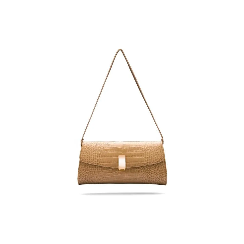 Leather Clutch Bag, Melanie - Taupe Croc-Effect
