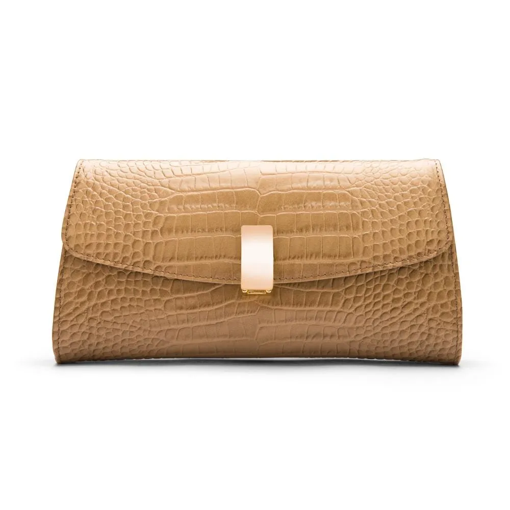 Leather Clutch Bag, Melanie - Taupe Croc-Effect