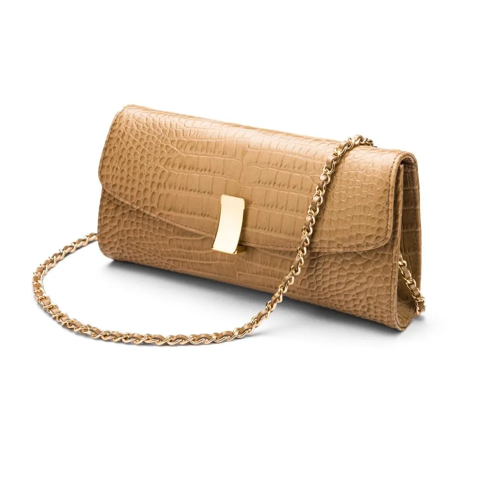 Leather Clutch Bag, Melanie - Taupe Croc-Effect