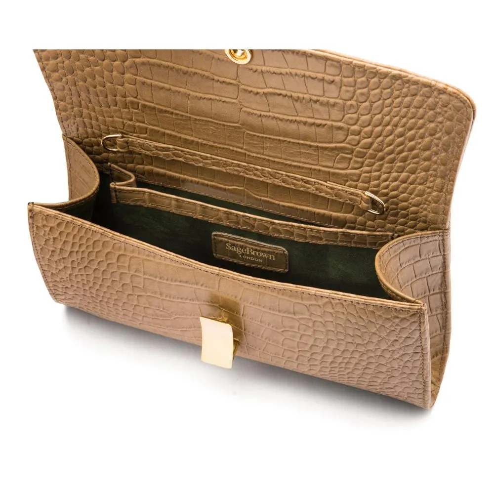 Leather Clutch Bag, Melanie - Taupe Croc-Effect