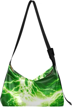 Leather Hobo Tote Bags for Women Men,Spark Green Lightning Trendy Messenger Bag Crossbody Large Size Shiny Flash Casual Shoulder Bag Handbag for Travel Shopping Work