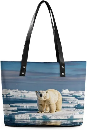 Leather Lady's Handbag Polar Bear on Ice Floe Print Leather Tote Bags For Women Trendy Ladies Shoulder Bag for Work, Travel, Casual Use