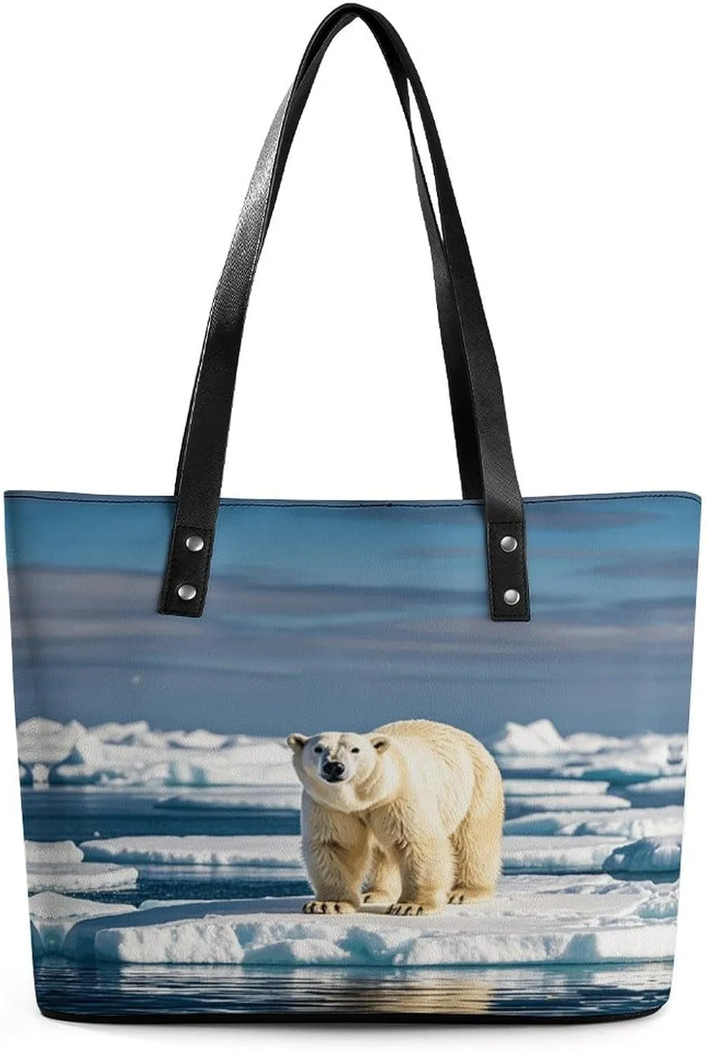 Leather Lady's Handbag Polar Bear on Ice Floe Print Leather Tote Bags For Women Trendy Ladies Shoulder Bag for Work, Travel, Casual Use