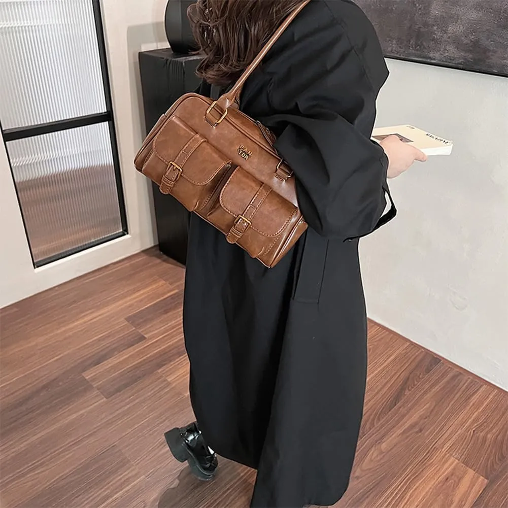 Leather Top Handle Bags for Women Top Handle Purse Retro Handbag Multi Pocket Satchel Bag Shoulder Bag Underarm Bag