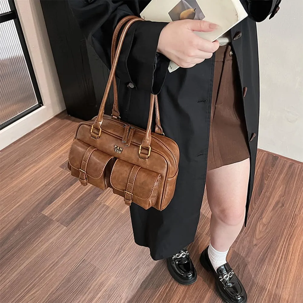 Leather Top Handle Bags for Women Top Handle Purse Retro Handbag Multi Pocket Satchel Bag Shoulder Bag Underarm Bag