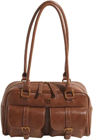 Leather Top Handle Bags for Women Top Handle Purse Retro Handbag Multi Pocket Satchel Bag Shoulder Bag Underarm Bag