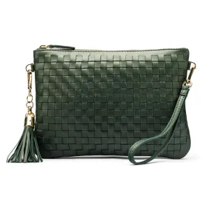 Leather Woven Cross Body Bag, Sophia - Dark Green