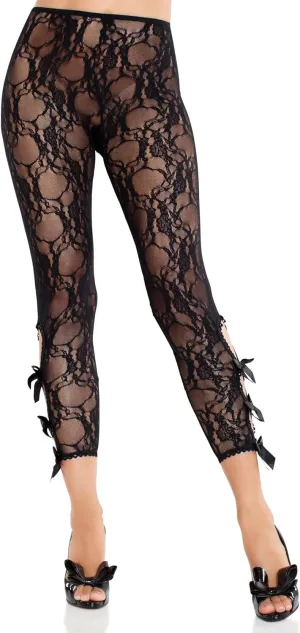 Leg Avenue Womens Scalloped Trimmed Floral Lace Footless Capri Tights With Keyhole Bow Detail