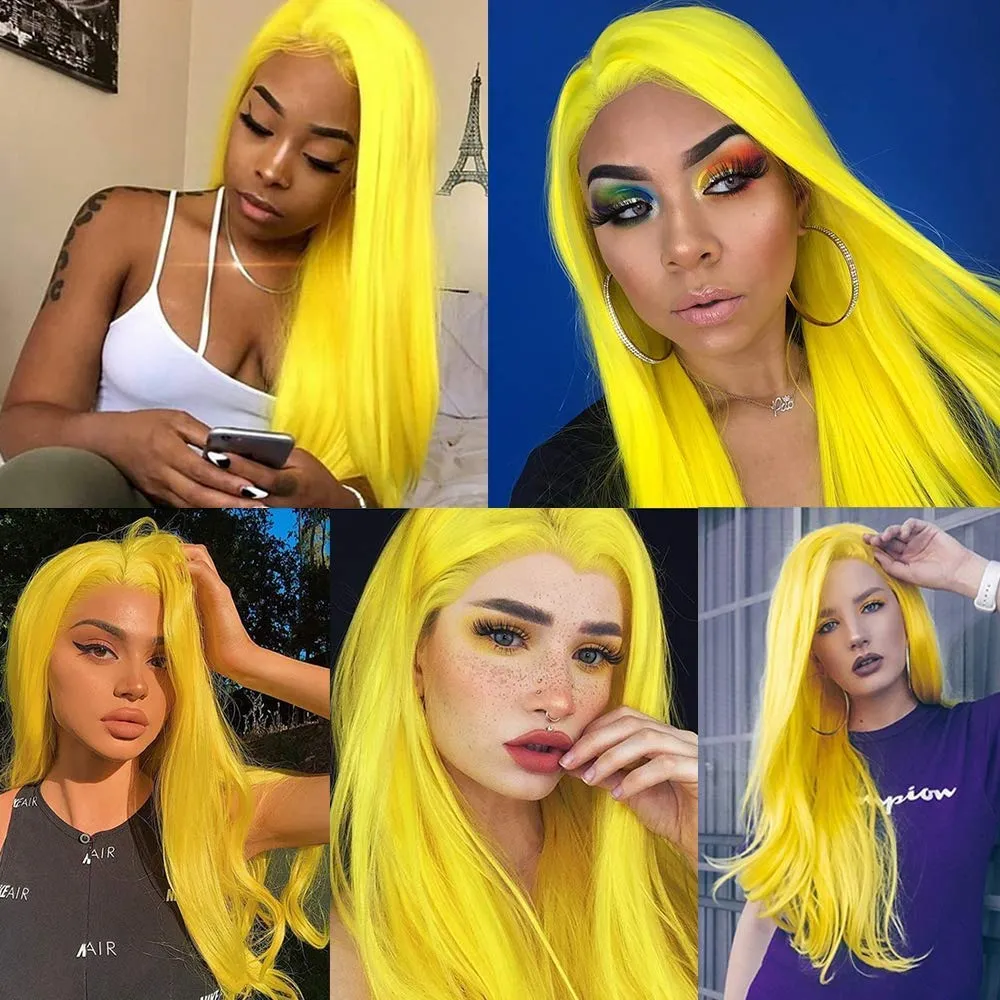 Lemon Yellow Lace Front Wigs Pre Plucked Hairline Long Wavy Wigs for Women Real Hair Bright Yellow Lace Wig Glueless Lace Wig Synthetic Heat Resistant Hair Replacement Wigs Daily Cosplay Makeup 24inch