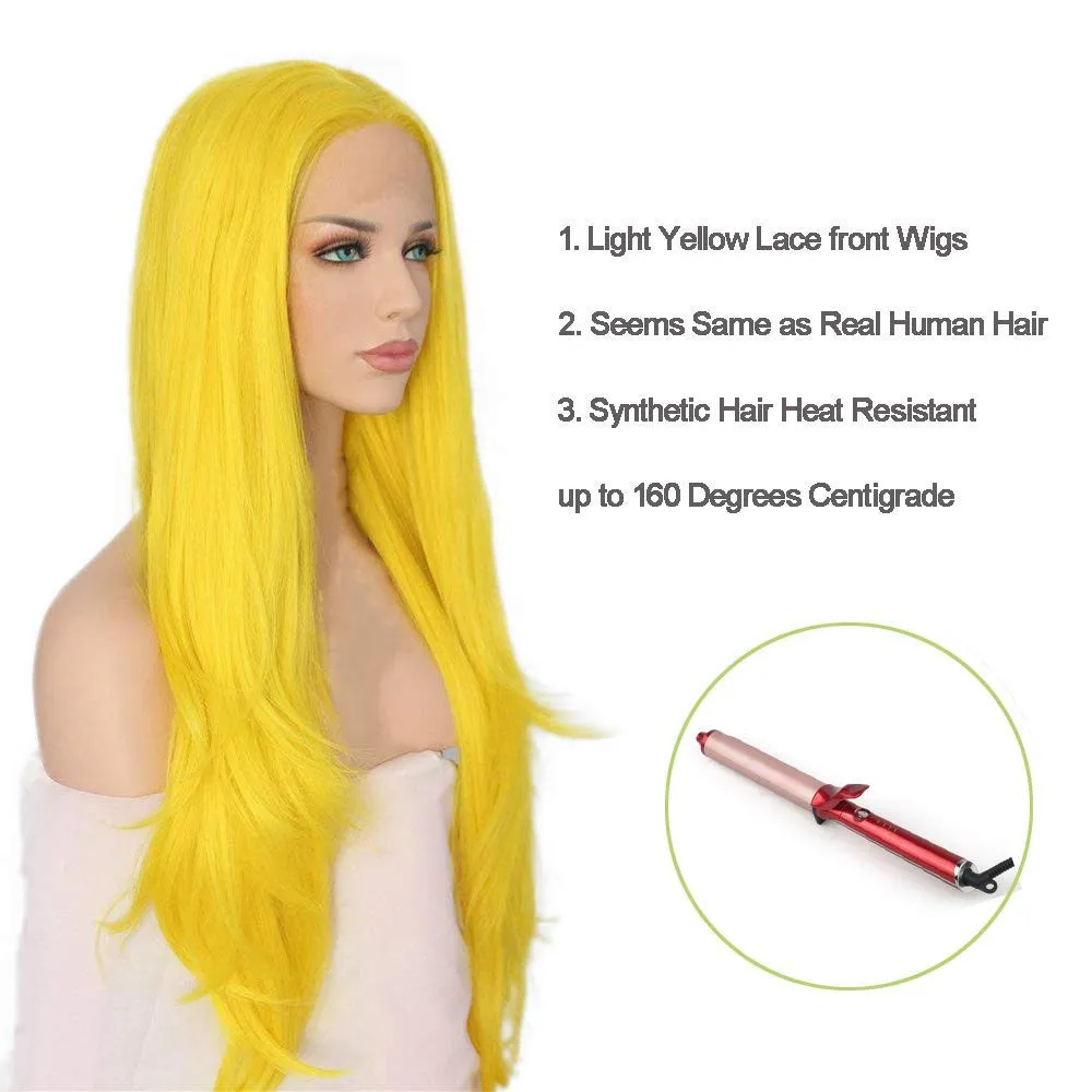 Lemon Yellow Lace Front Wigs Pre Plucked Hairline Long Wavy Wigs for Women Real Hair Bright Yellow Lace Wig Glueless Lace Wig Synthetic Heat Resistant Hair Replacement Wigs Daily Cosplay Makeup 24inch