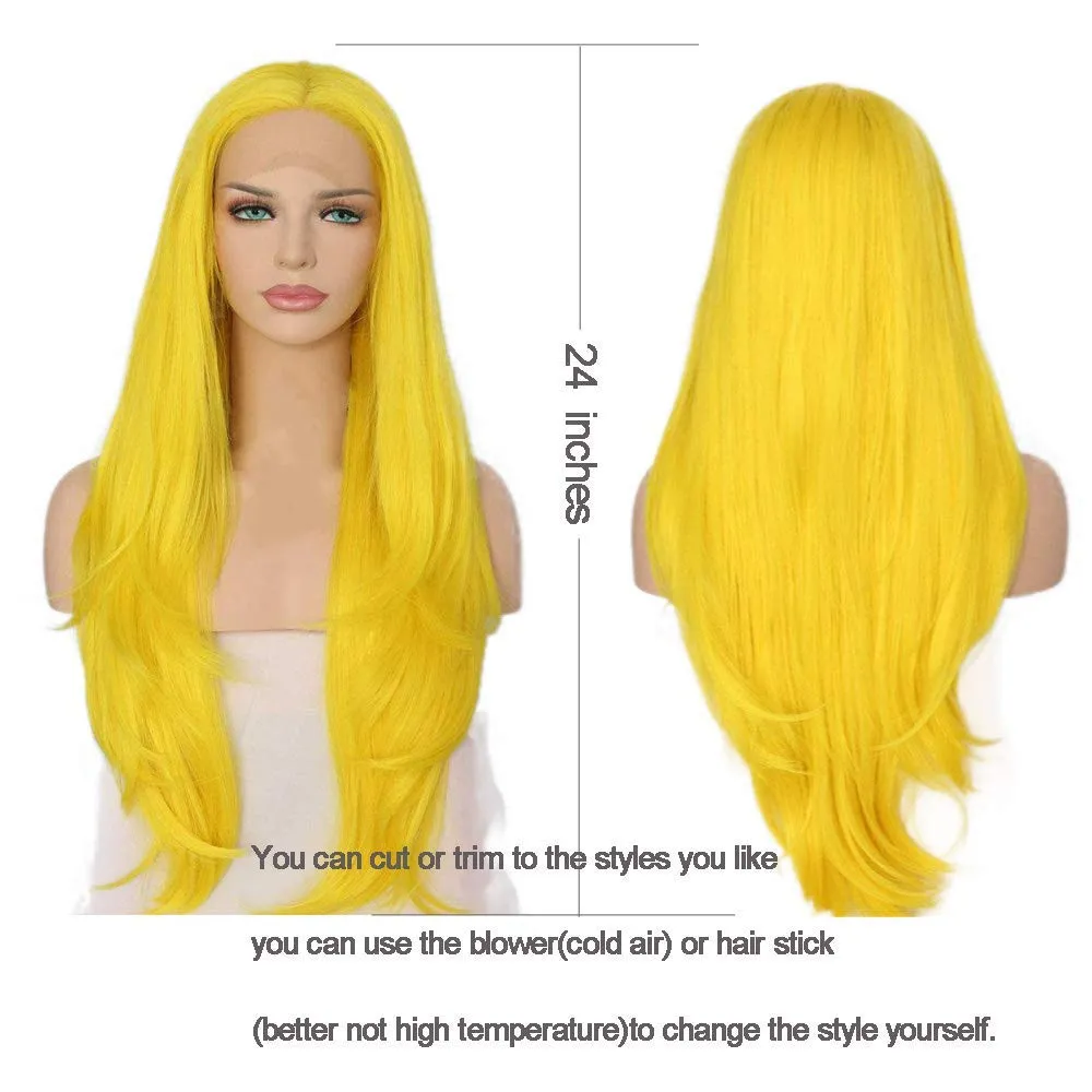 Lemon Yellow Lace Front Wigs Pre Plucked Hairline Long Wavy Wigs for Women Real Hair Bright Yellow Lace Wig Glueless Lace Wig Synthetic Heat Resistant Hair Replacement Wigs Daily Cosplay Makeup 24inch