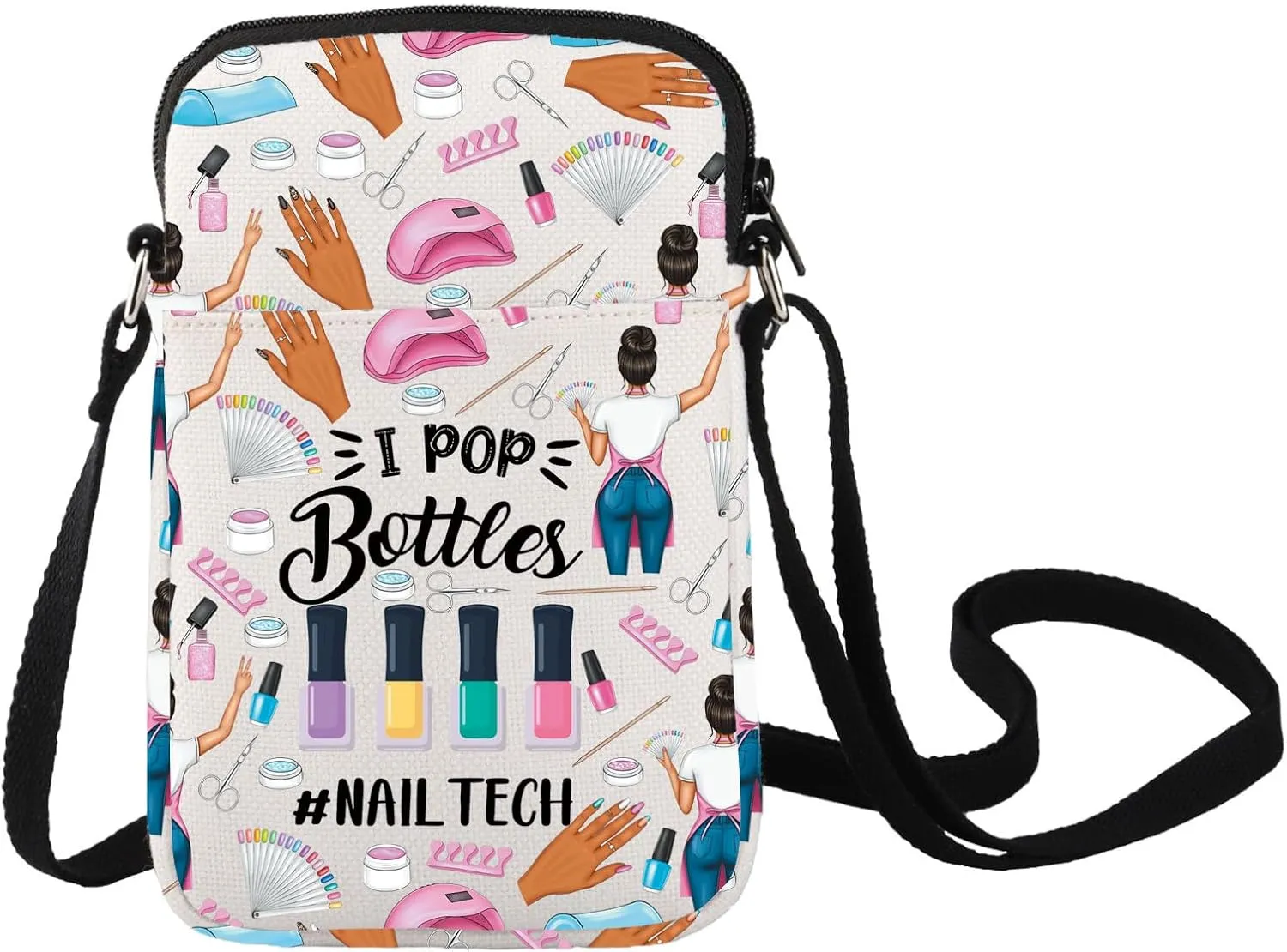 LEVLO Nail Technician Crossbody Bag Manicurist Nail Tech Fans Gift I Pop Bottles Nail Tech Shoulder Bag Nail Artist Merch