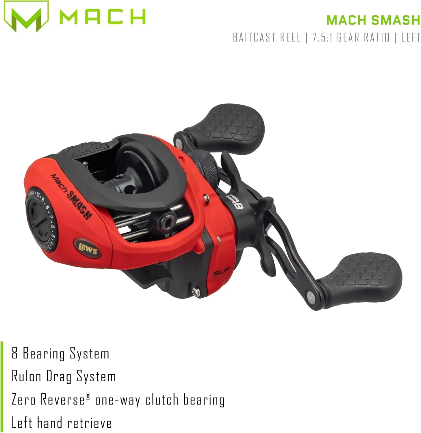 Lew's MACH Smash Baitcast Fishing Reel, 7.5:1 Gear Ratio, Graphite Frame, Premium 8 Stainless Steel Ball Bearings