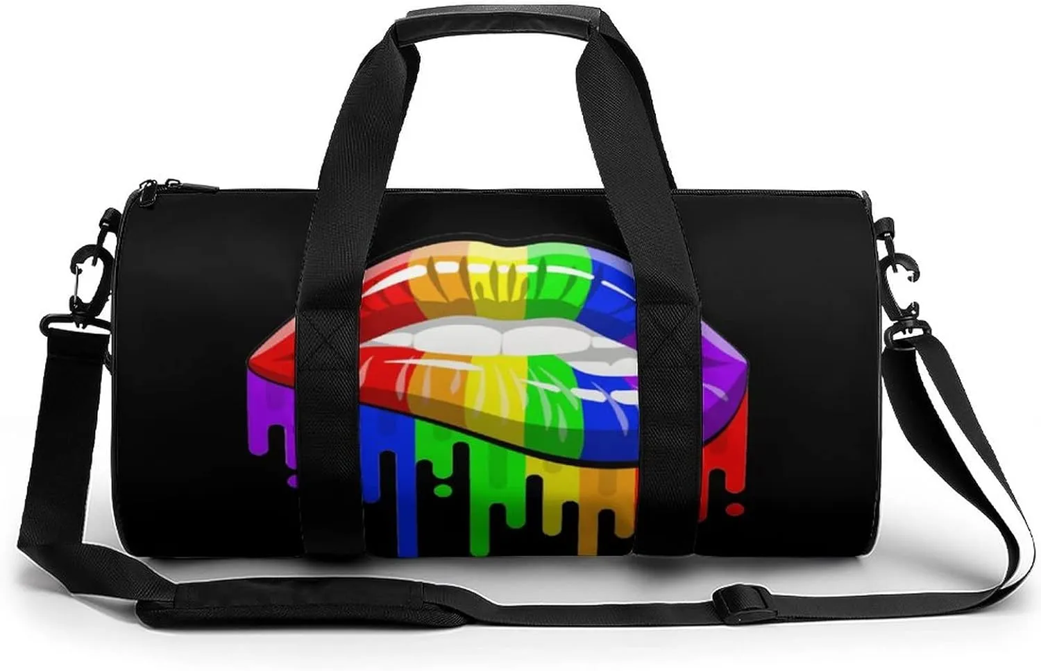 LGBT Gay Pride Rainbow Lips Duffel Bag Lightweight Cylindrical Travel Gym Tote Bags With Shoulder Strap For Sports Workout Yoga