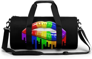 LGBT Gay Pride Rainbow Lips Duffel Bag Lightweight Cylindrical Travel Gym Tote Bags With Shoulder Strap For Sports Workout Yoga