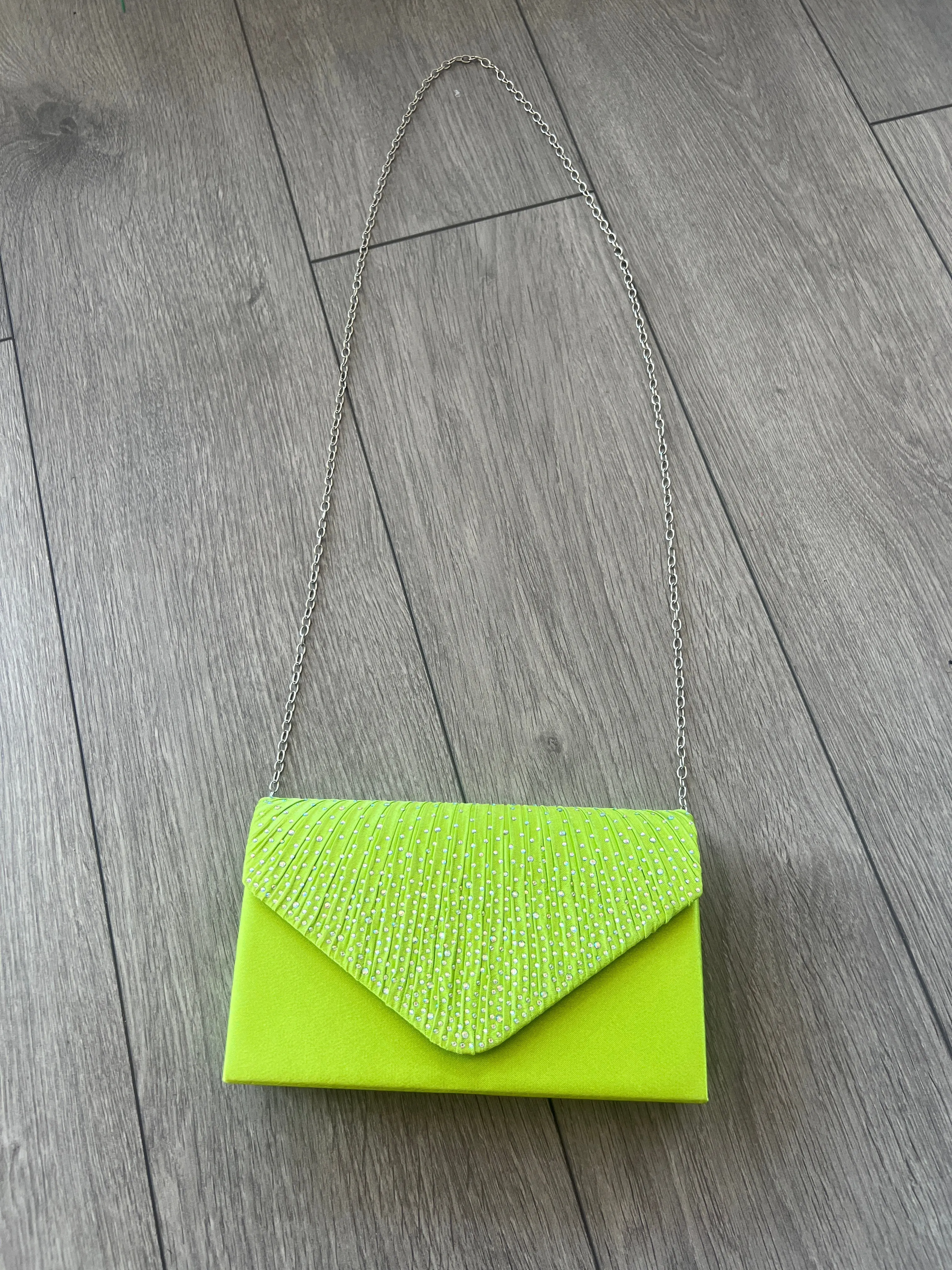 LIME GREEN ENVELOPE CLUTCH BAG WITH RHINESTONES