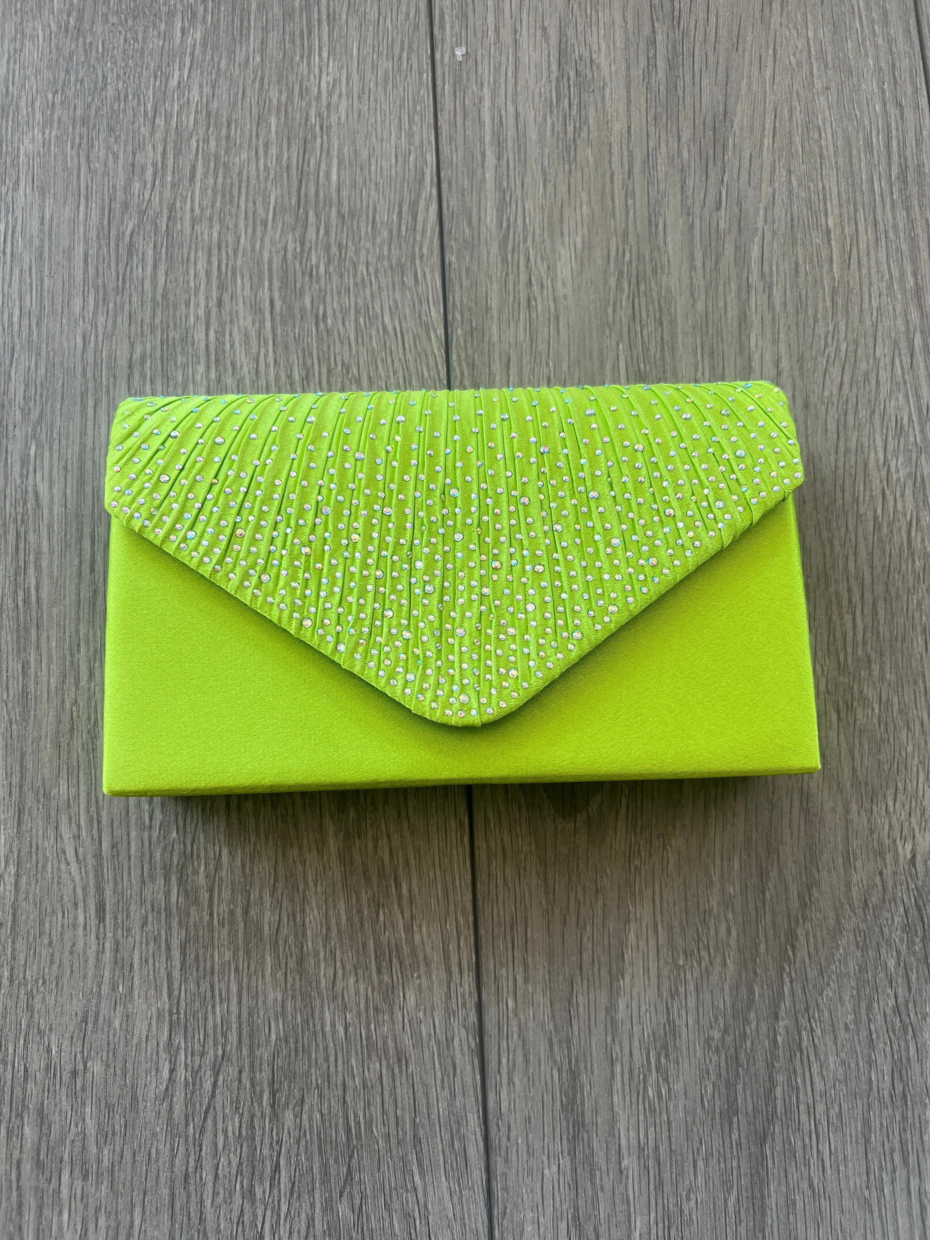 LIME GREEN ENVELOPE CLUTCH BAG WITH RHINESTONES