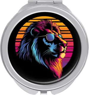 Lion with Glasses Vintage Cute Travel Makeup Mirror 2-Sided Folding Handheld Mirror Portable for Handbag Purse Pocket