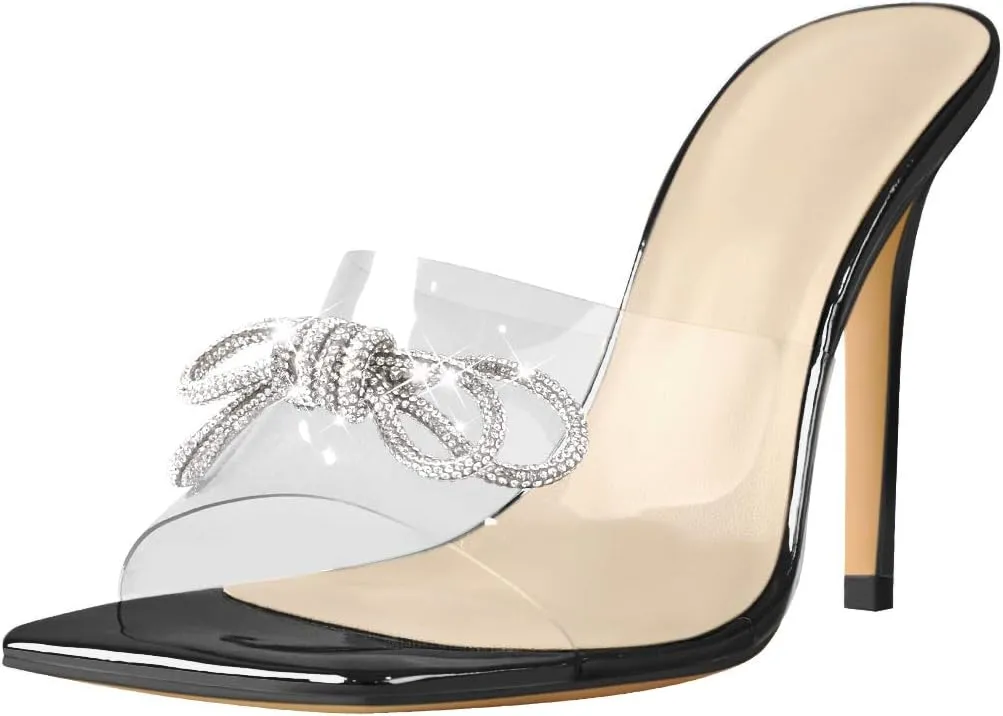 LISHAN Women's Clear High Heels Rhinestones Studded Bowknot Slipper