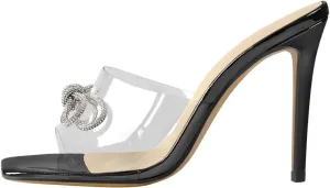 LISHAN Women's Clear High Heels Rhinestones Studded Bowknot Slipper