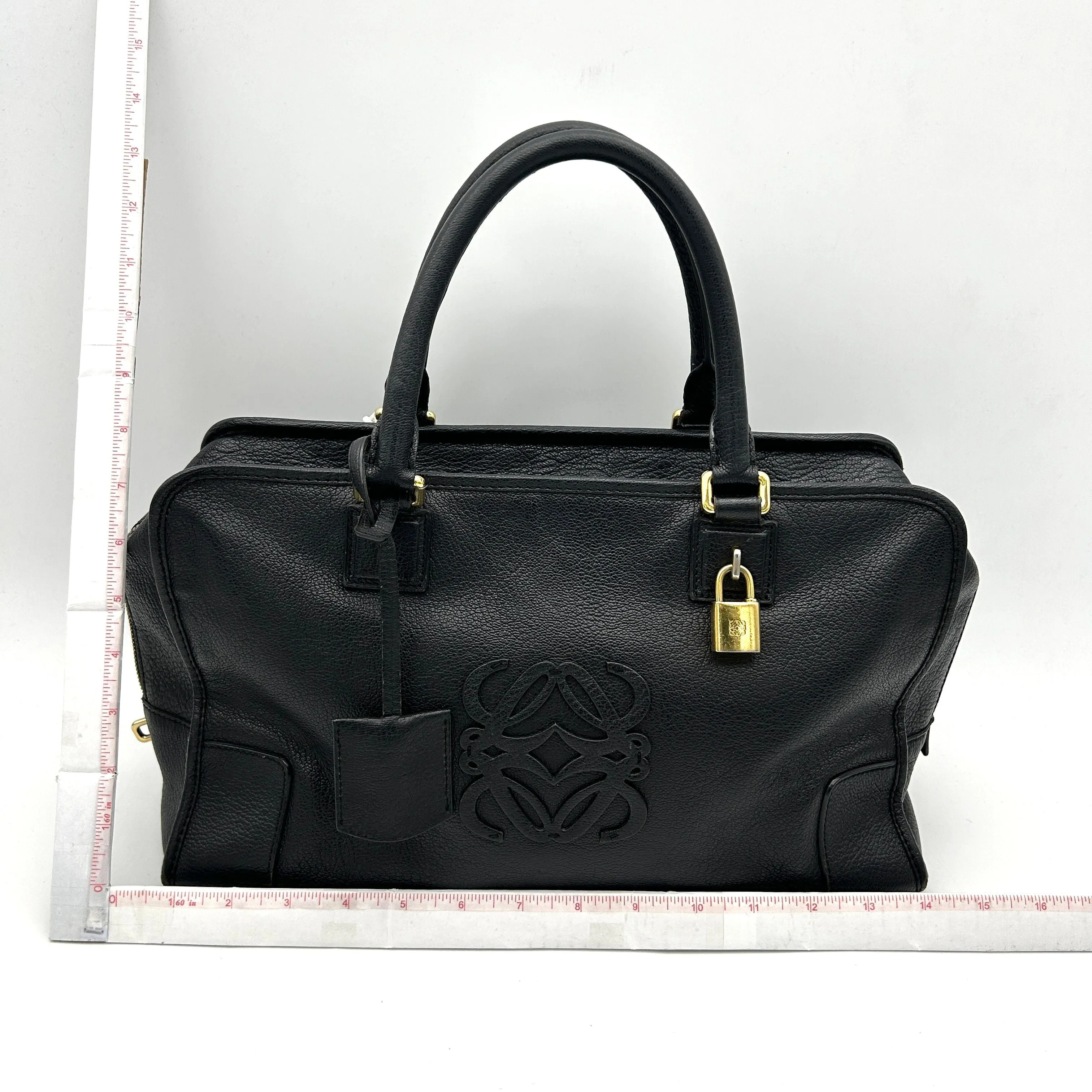 LOEWE Anagram Logo Amazona 36 Leather Genuine Handbag Mini Boston Bag Black LA3420