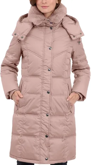 LONDON FOG Women's Chevron Coat with Faux Fur Trimmed Hood