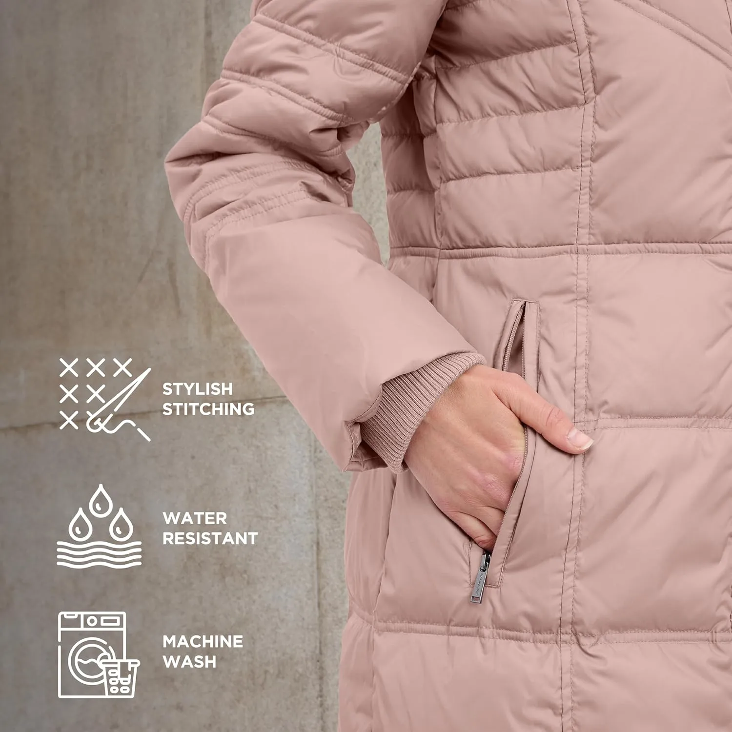 LONDON FOG Women's Chevron Coat with Faux Fur Trimmed Hood