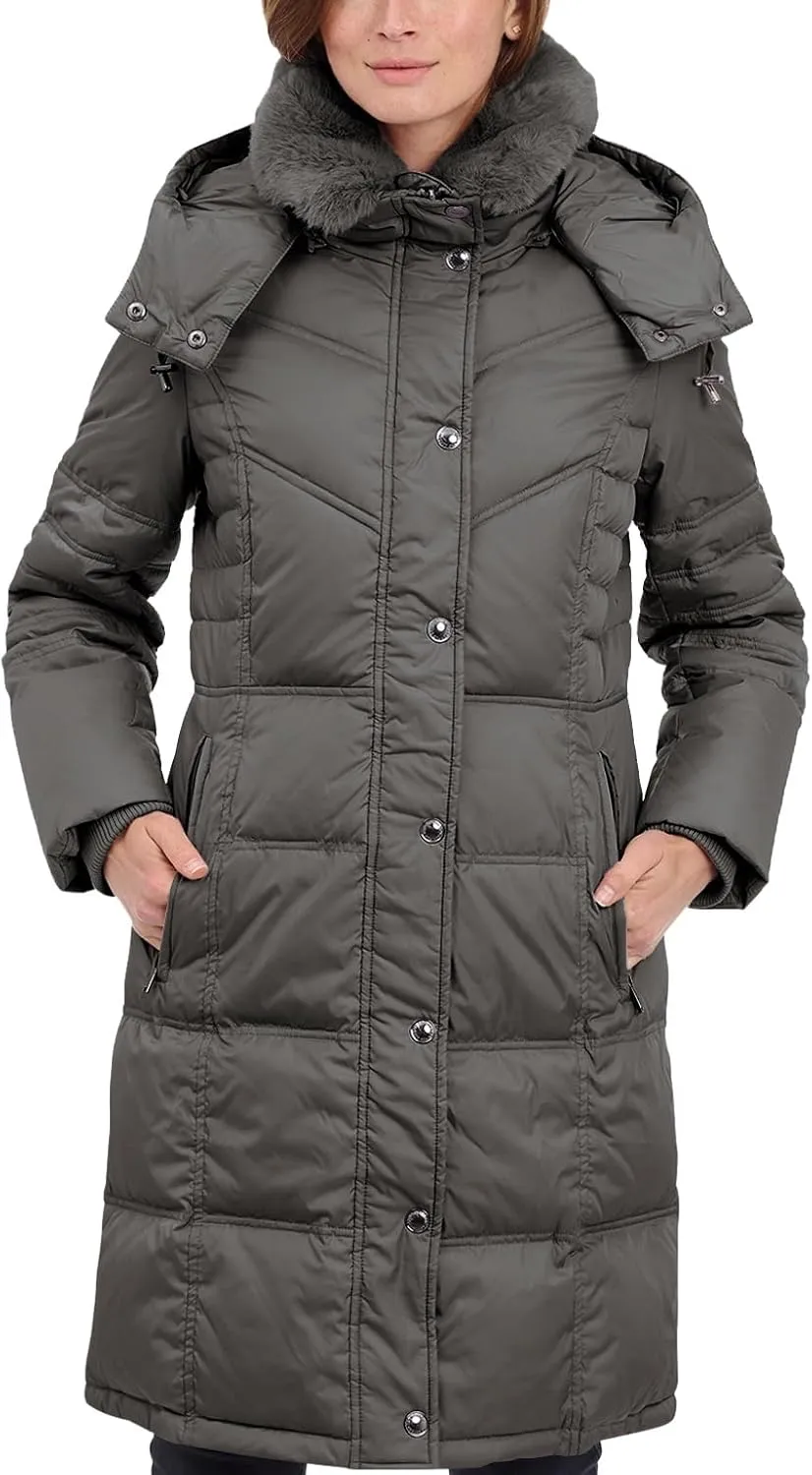 LONDON FOG Women's Chevron Coat with Faux Fur Trimmed Hood