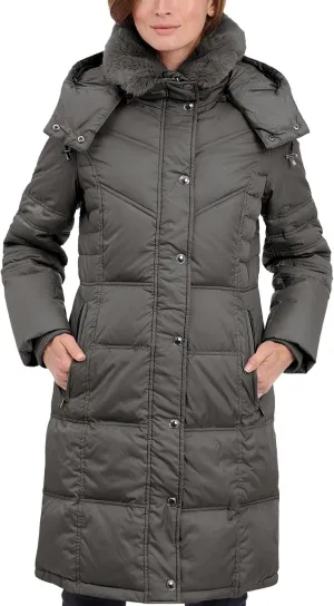 LONDON FOG Women's Chevron Coat with Faux Fur Trimmed Hood