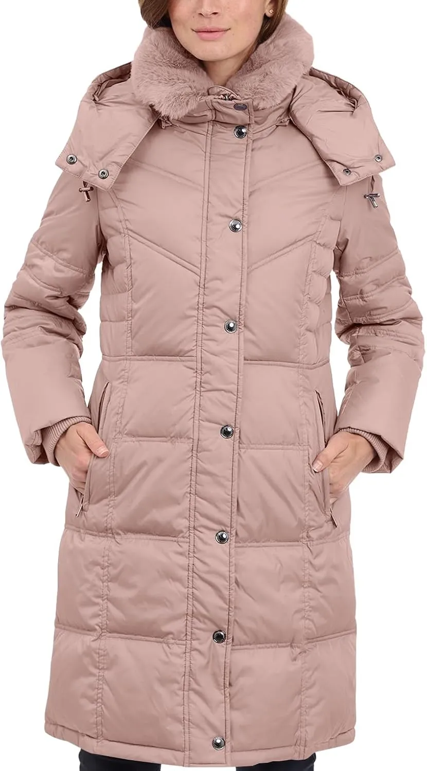 LONDON FOG Women's Chevron Coat with Faux Fur Trimmed Hood