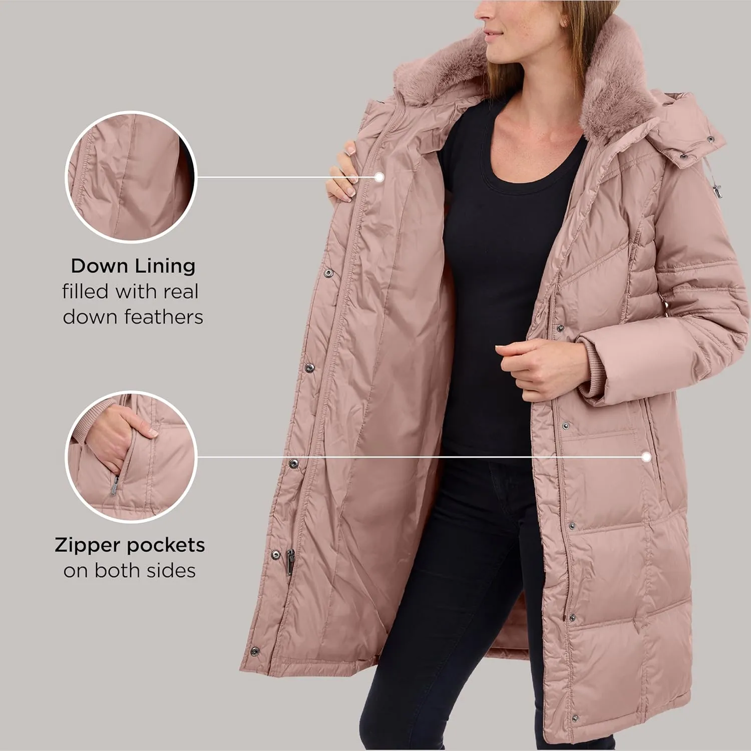 LONDON FOG Women's Chevron Coat with Faux Fur Trimmed Hood