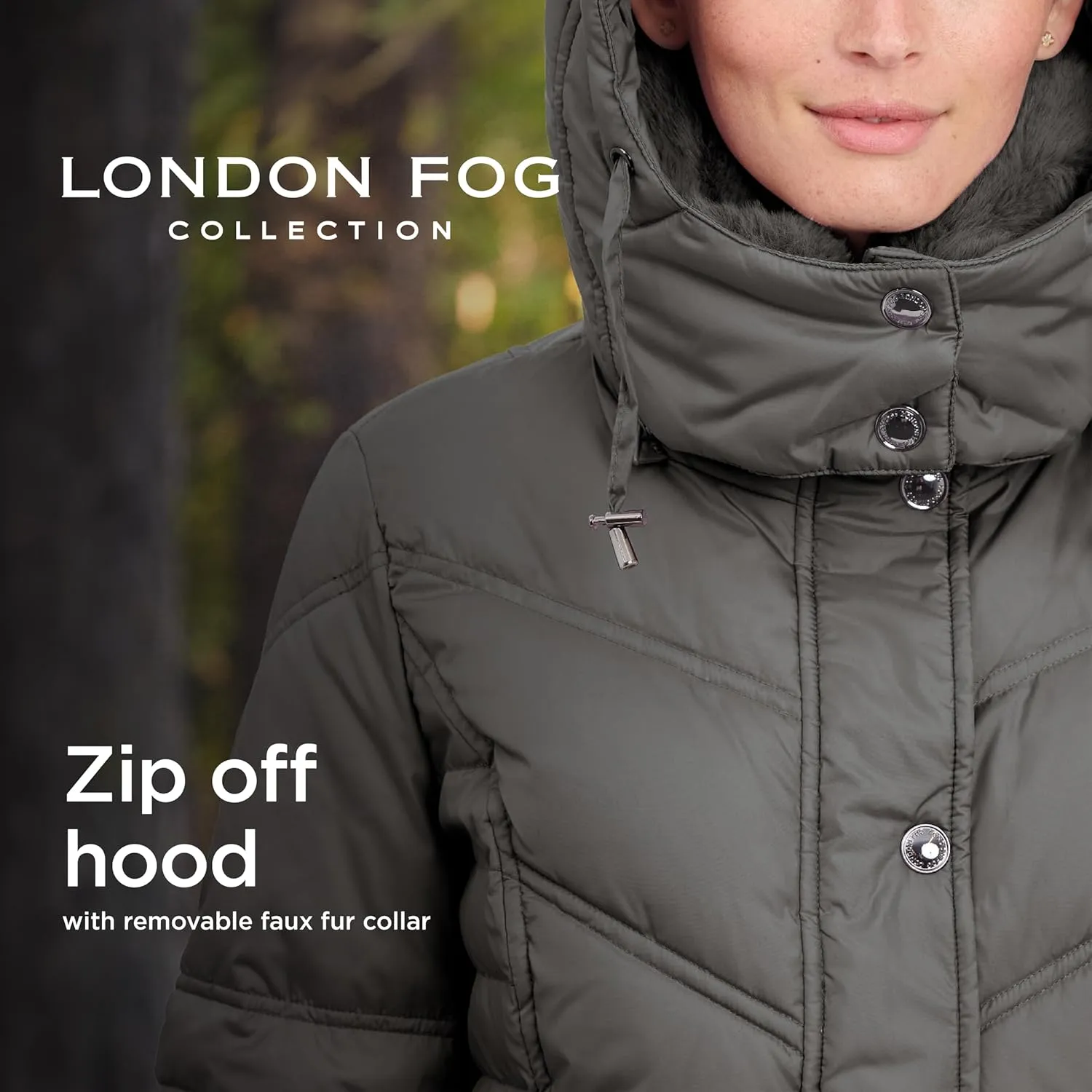 LONDON FOG Women's Chevron Coat with Faux Fur Trimmed Hood