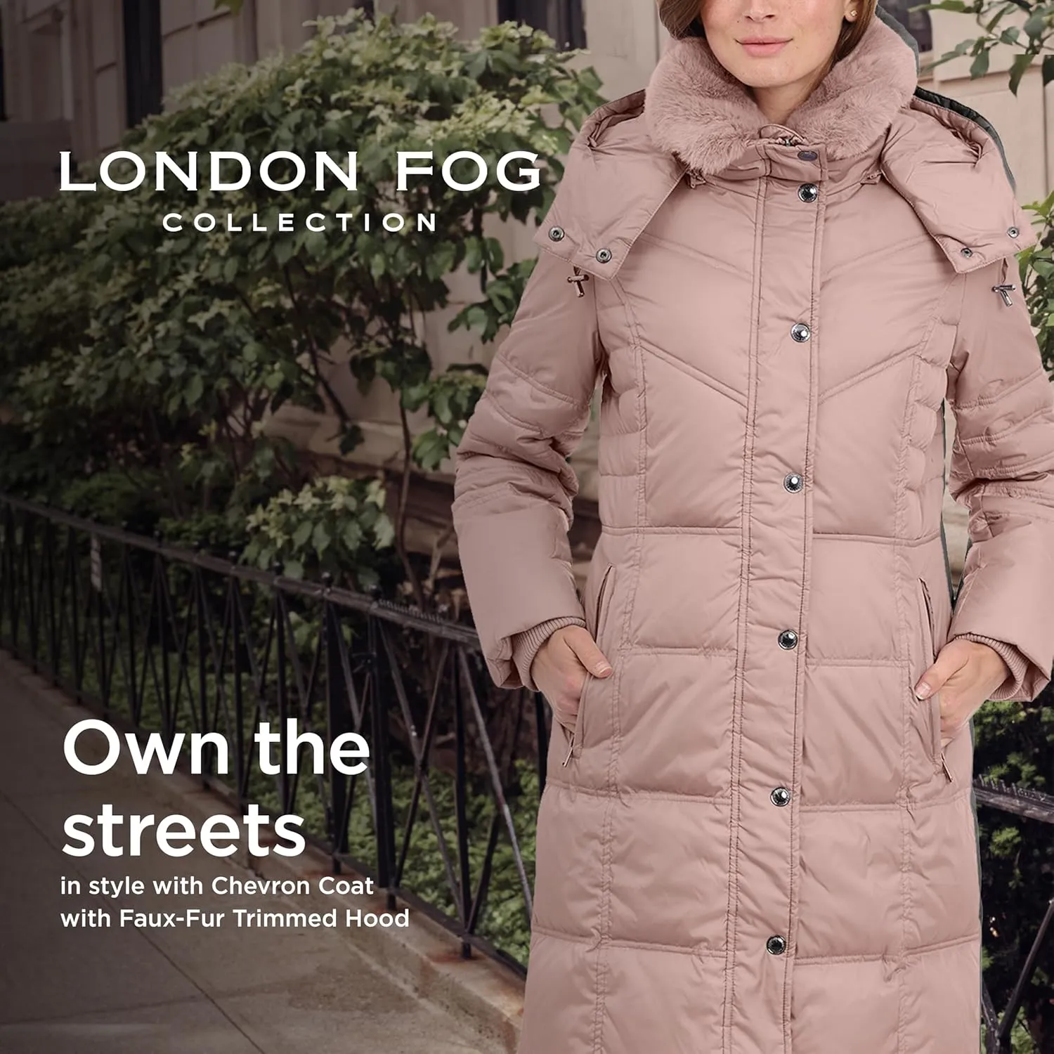 LONDON FOG Women's Chevron Coat with Faux Fur Trimmed Hood