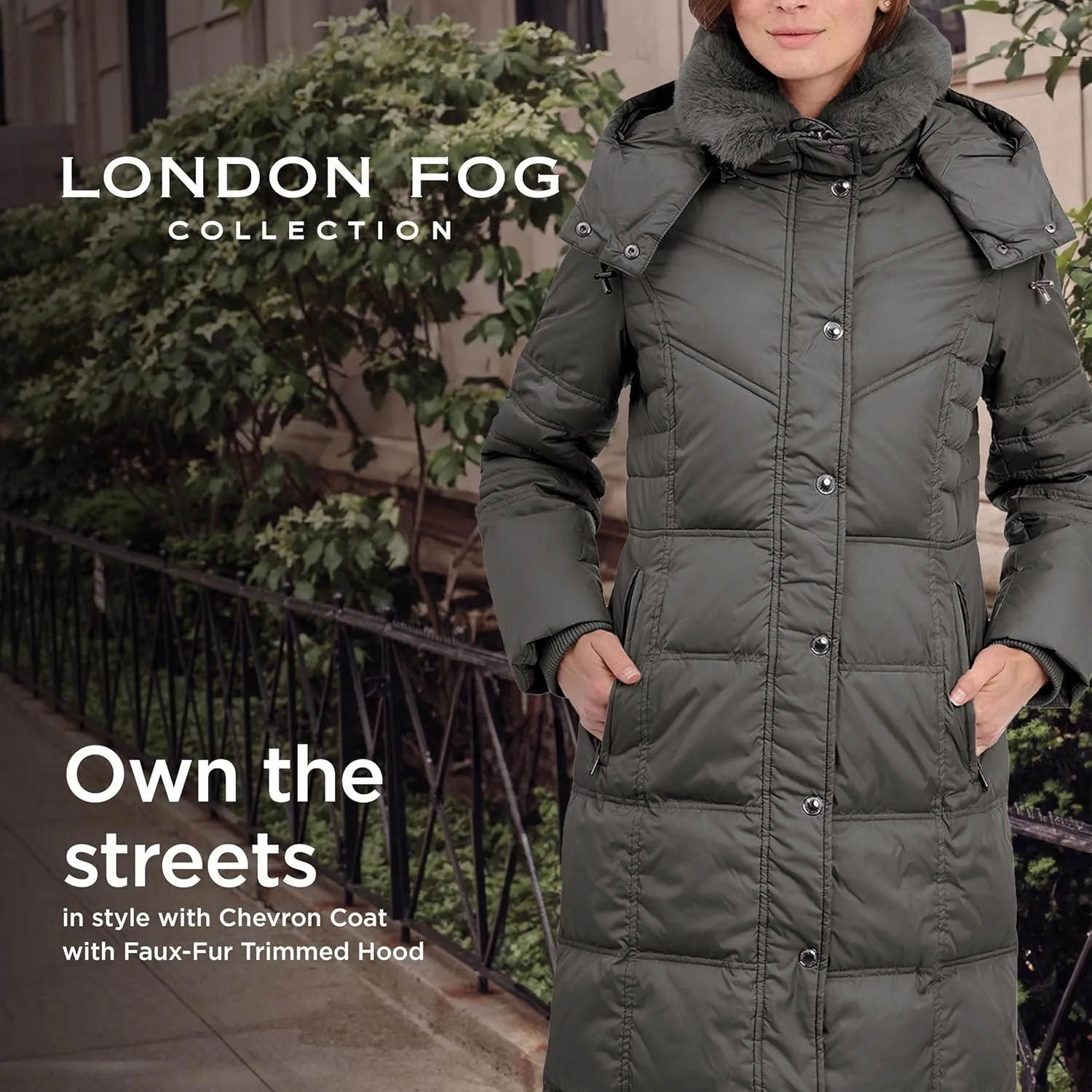 LONDON FOG Women's Chevron Coat with Faux Fur Trimmed Hood