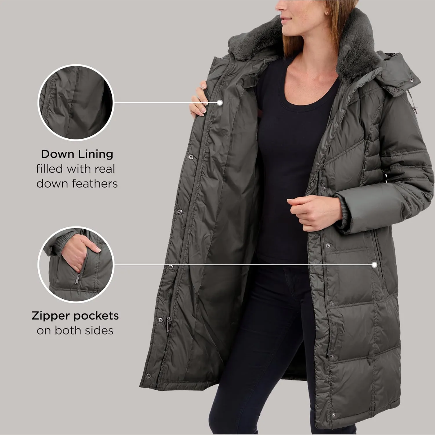 LONDON FOG Women's Chevron Coat with Faux Fur Trimmed Hood