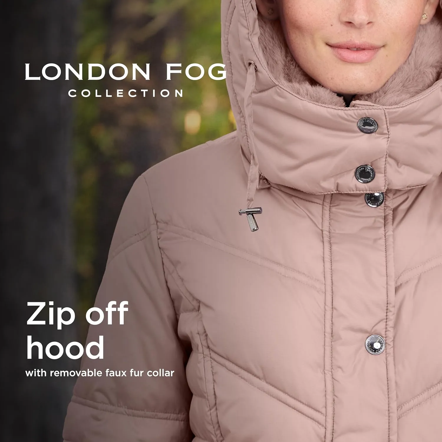 LONDON FOG Women's Chevron Coat with Faux Fur Trimmed Hood