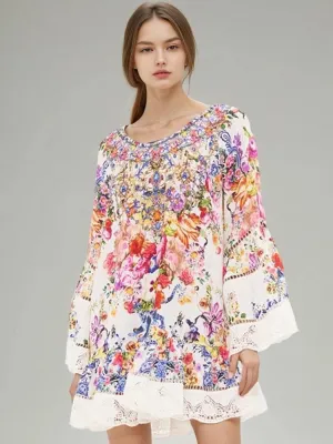 Long Sleeve Lace Trimmed Printed Mini Dress